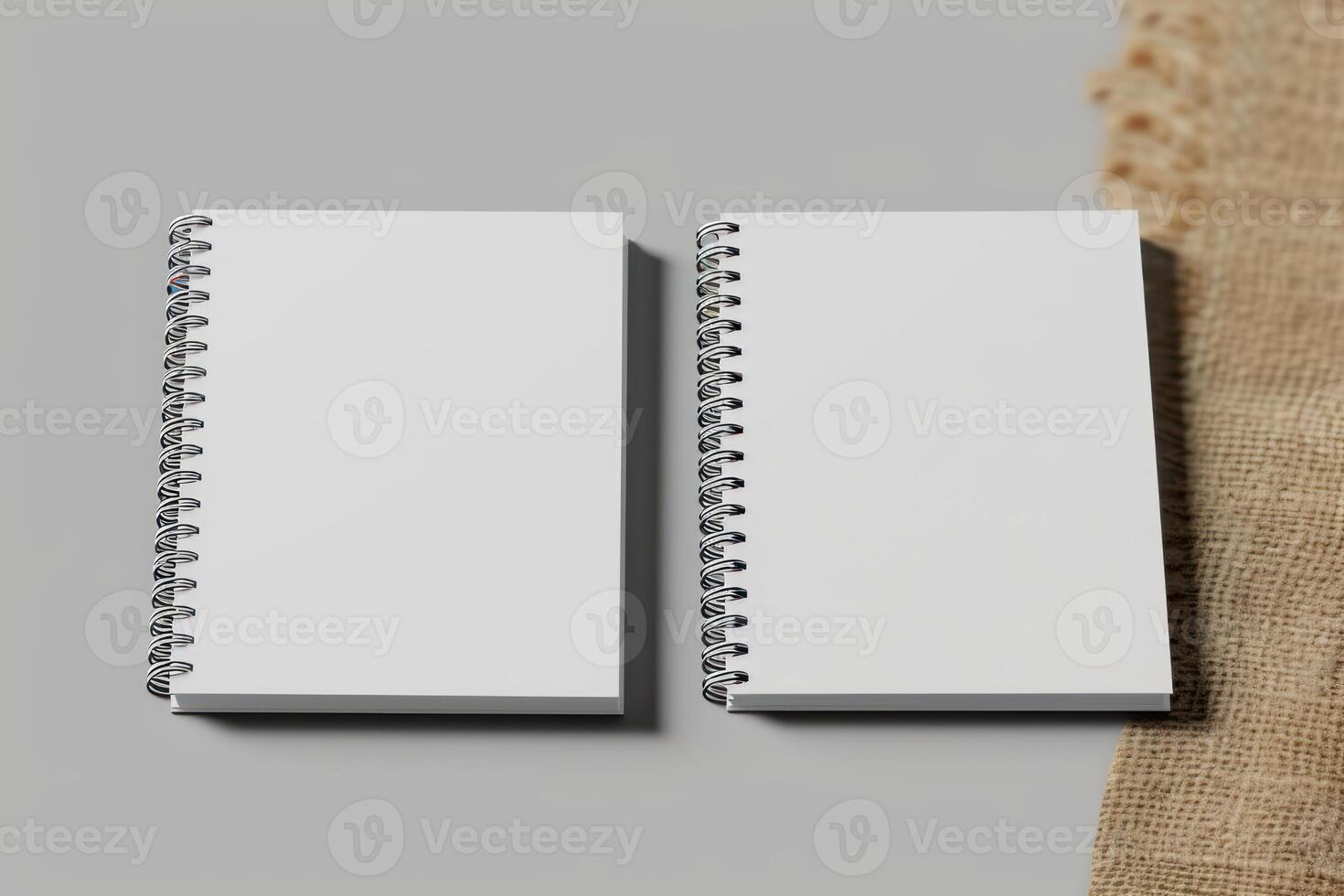 two pages made into notebooks sit side by side on cloth, photo