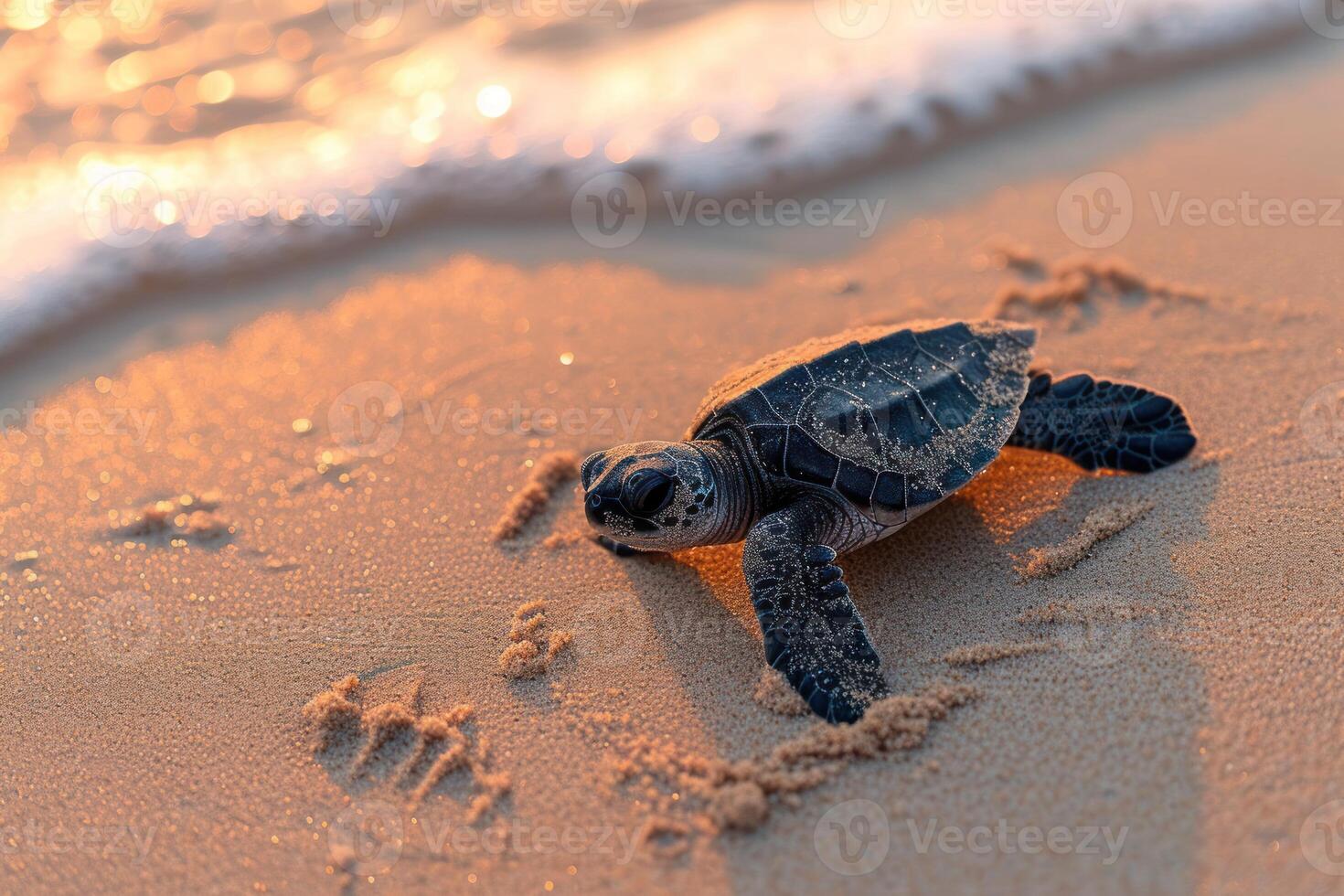 a turtle crawling along the sand as it comes to its nest, photo