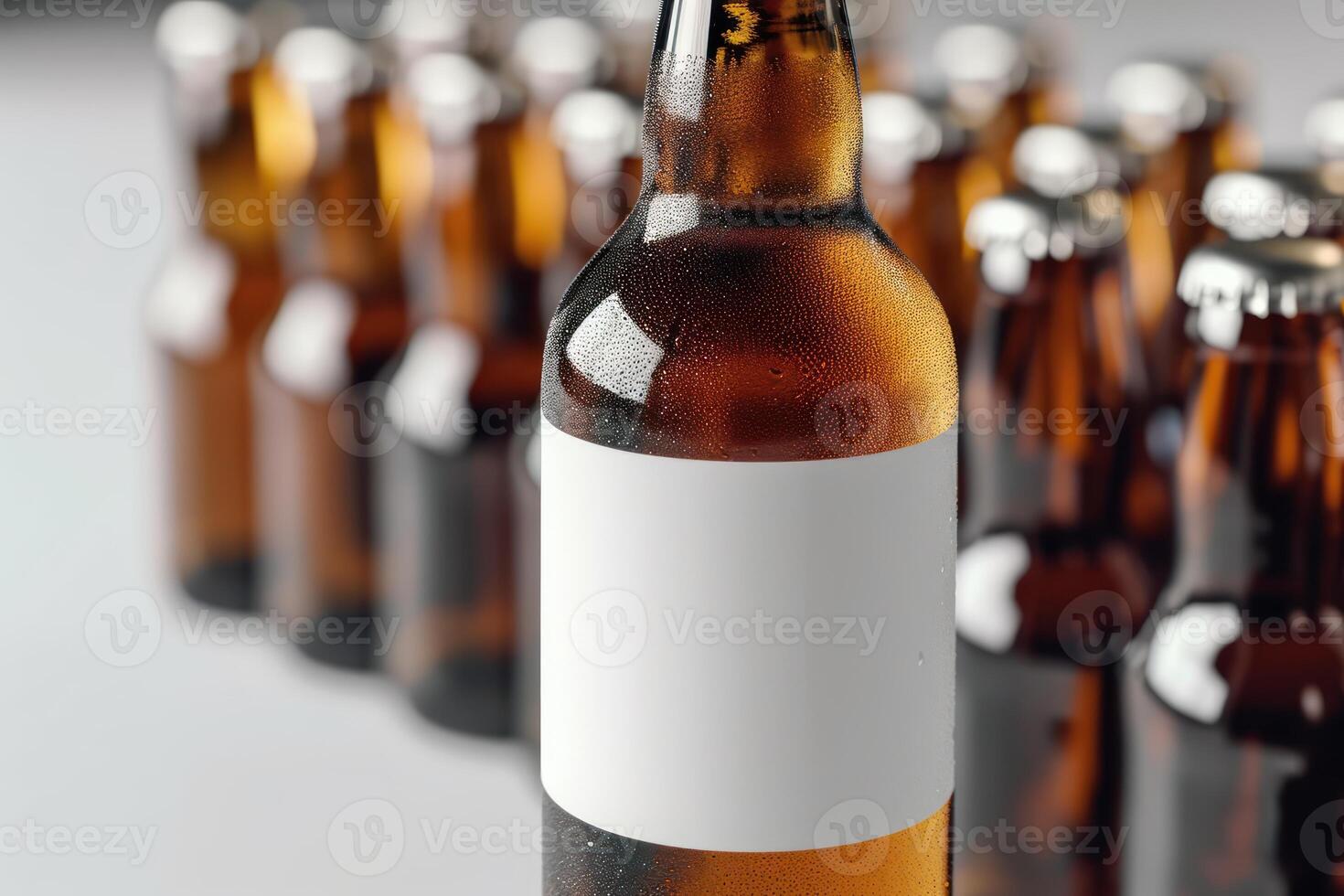 bottles of beer standing in a line with blank labels on them, photo