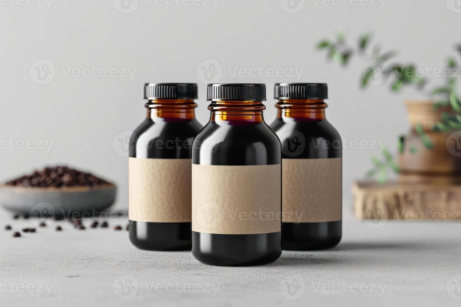 three different liquid bottles sitting in a row on a table, photo