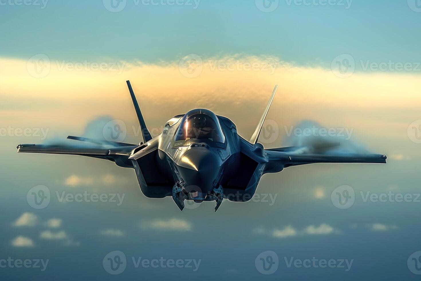 jet fighter taking off in the sky with clouds, photo