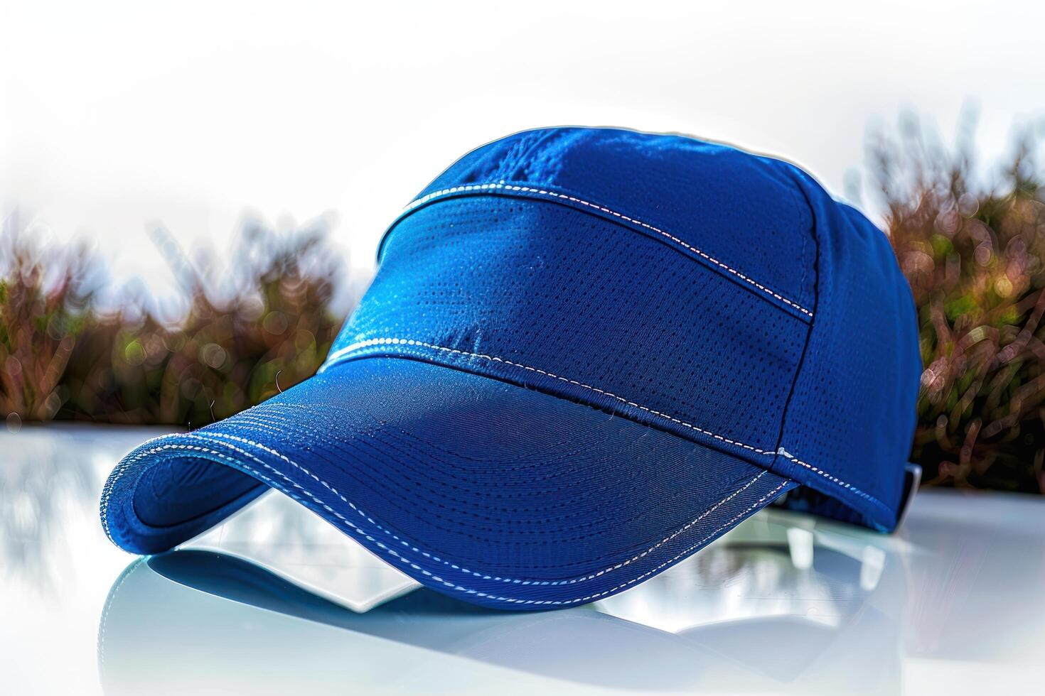 an empty blue hat on top of a car, photo