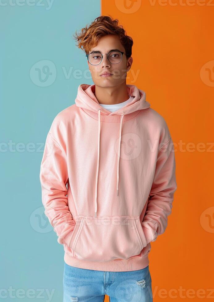 a guy standing up to the camera wearing a pink sweater, photo