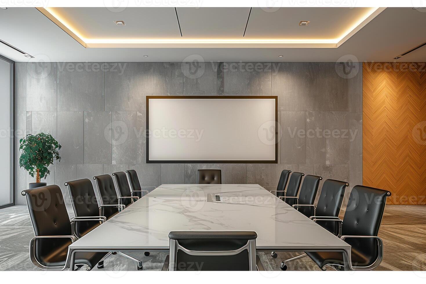 two office workers are sitting round meeting tables in the middle of a room, photo