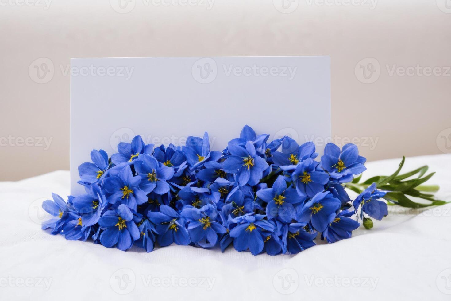 several blue flowered stems gathered around a blank card, photo
