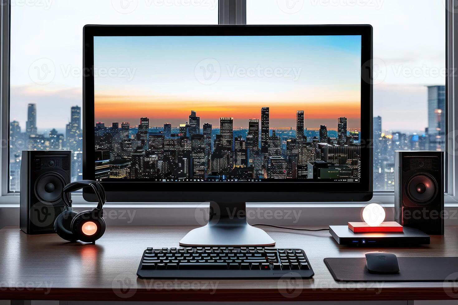 laptop computer with picture city skyline outside window, photo