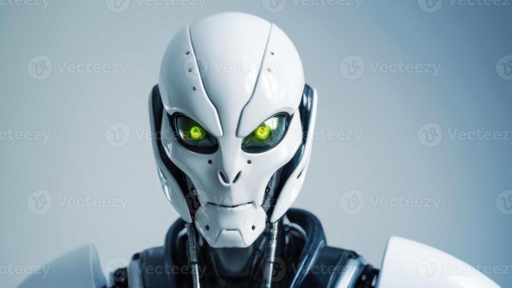 the creepy looking robot stands with several glowing eyes, photo