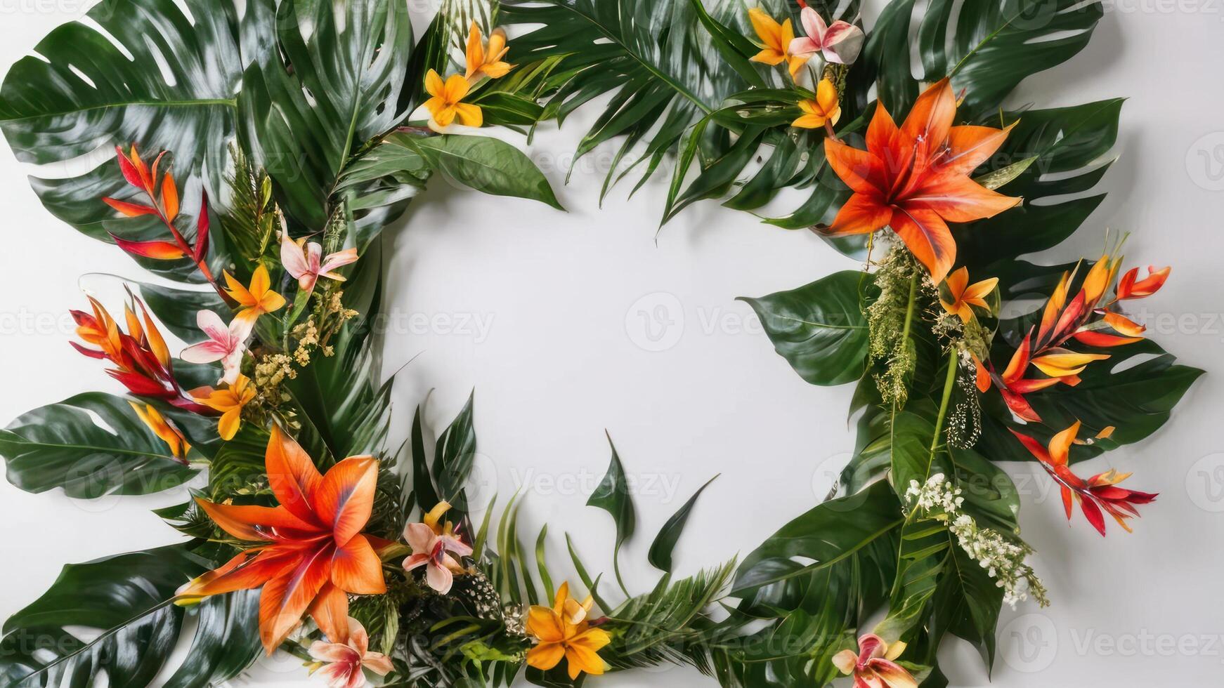 tropical garland with multiple flowers arranged above and to each other, photo