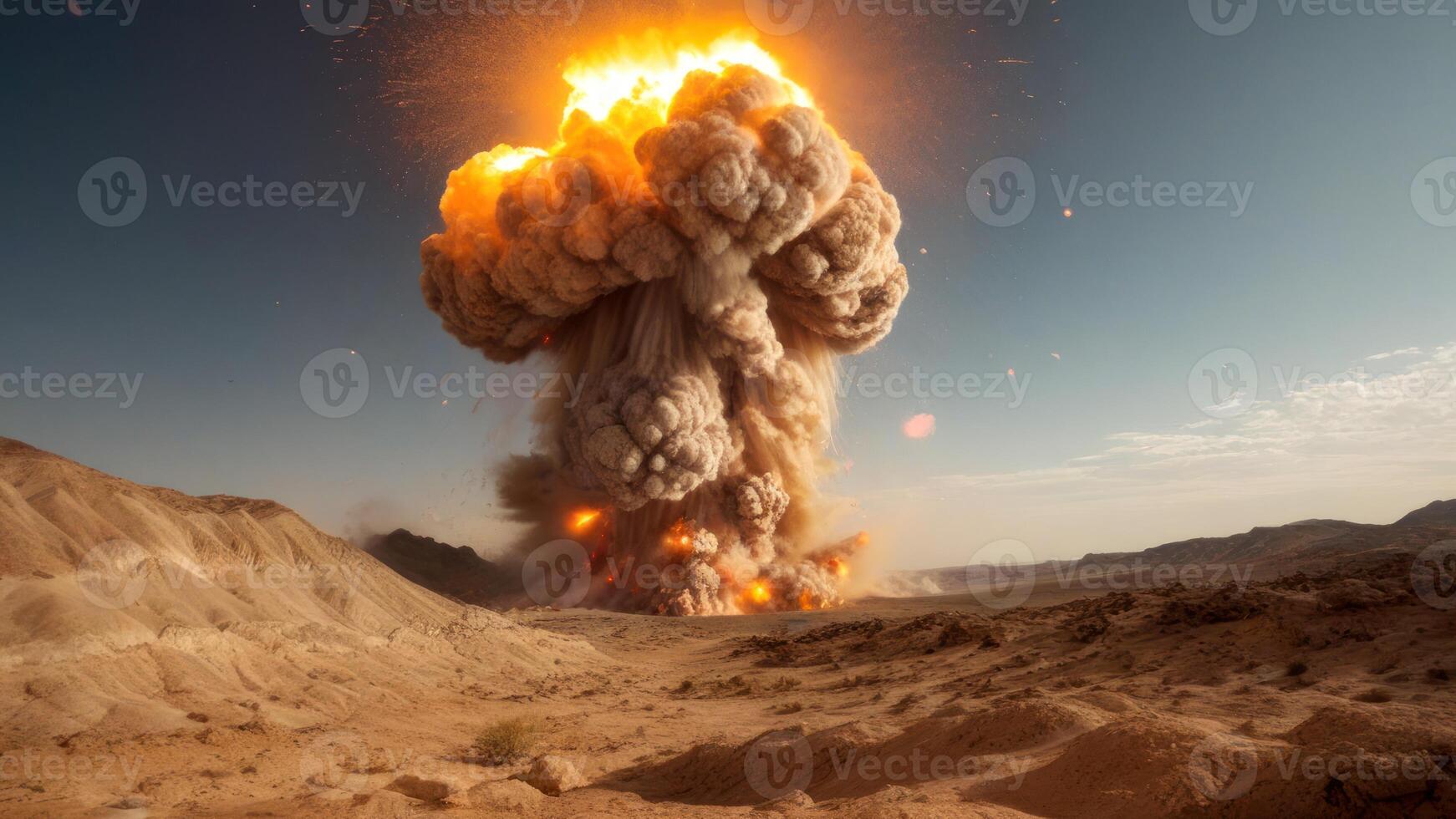 a massive explosion at an area with rocks and sand, photo