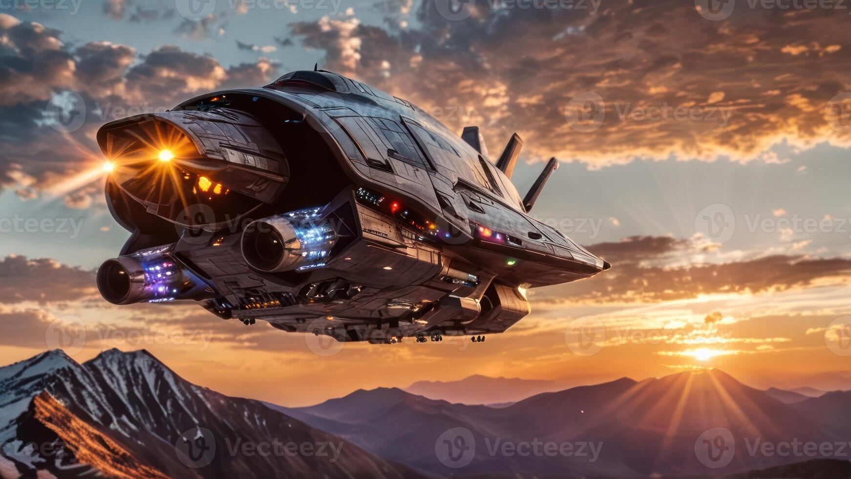 an army - style vehicle in the air with mountains in the background, photo