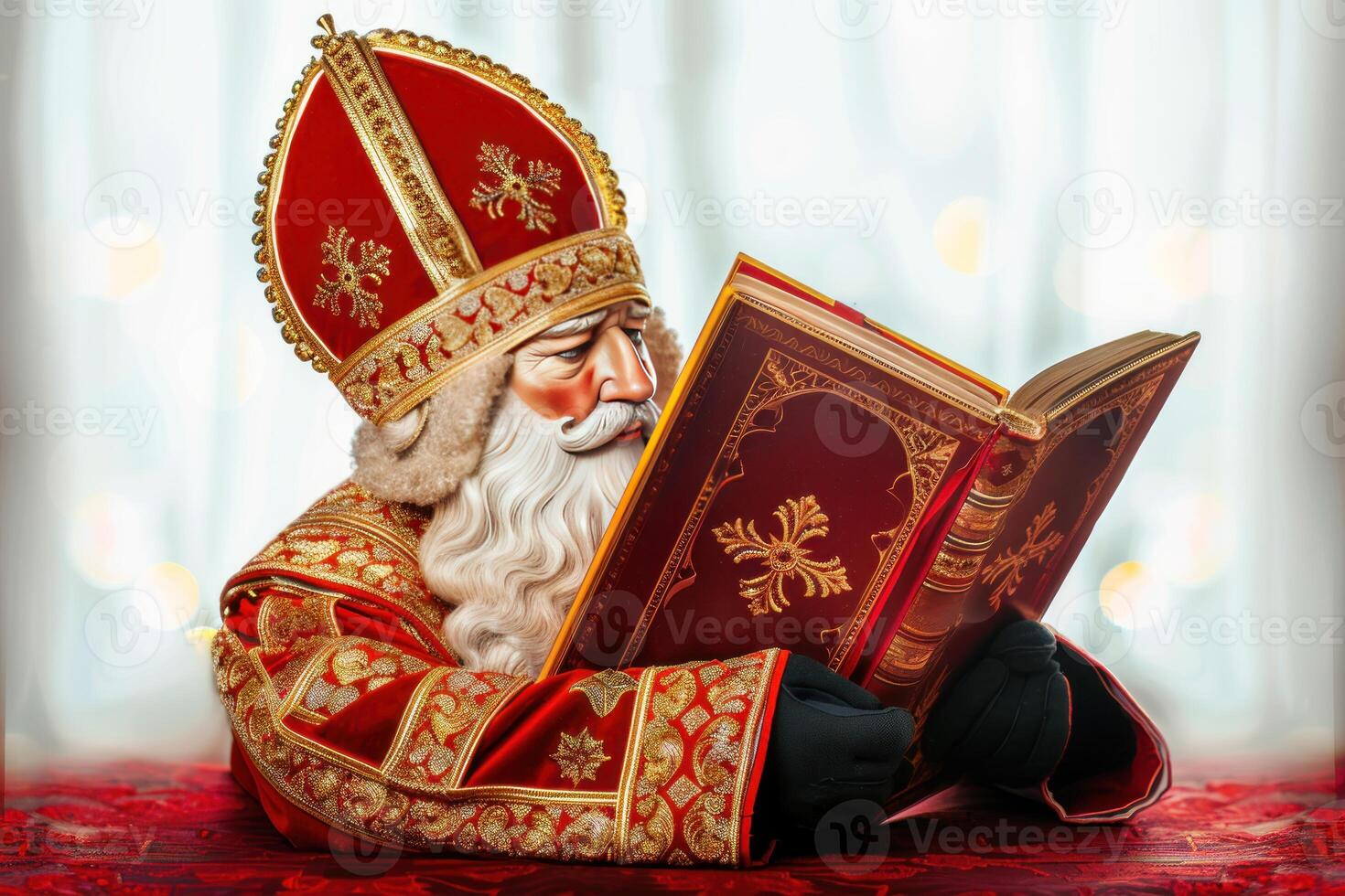 the statue with red paint is reading the book, photo