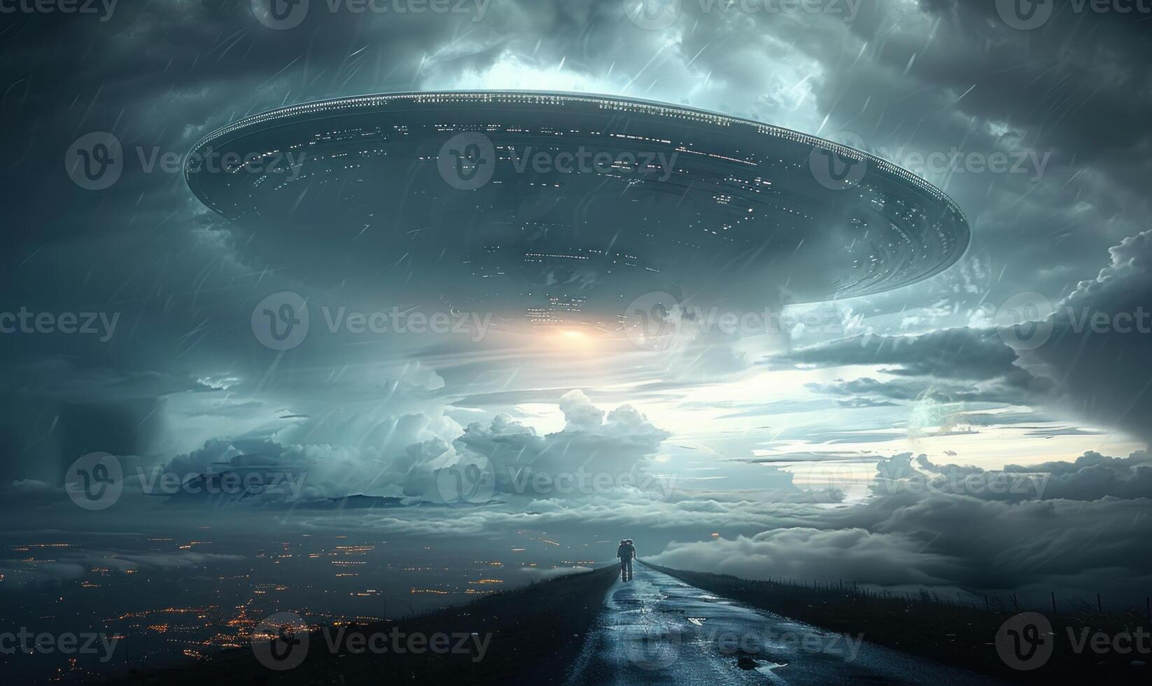 a man walks down the road in front of an alien spaceship, photo