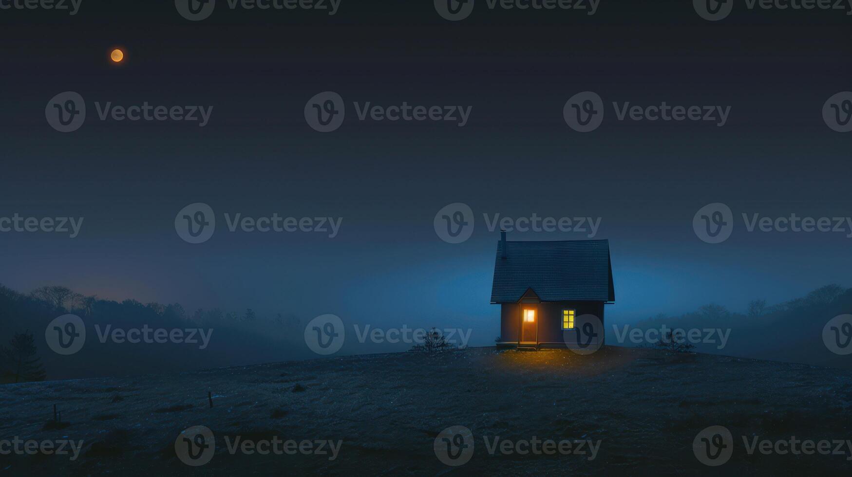 an old abandoned house is illuminated against the moon, photo