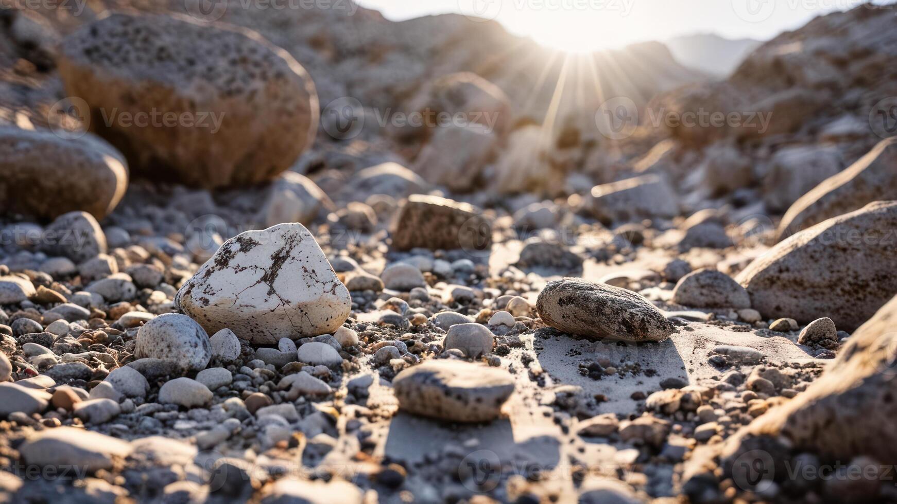 some rocky ground with rocks and bushes in it, photo