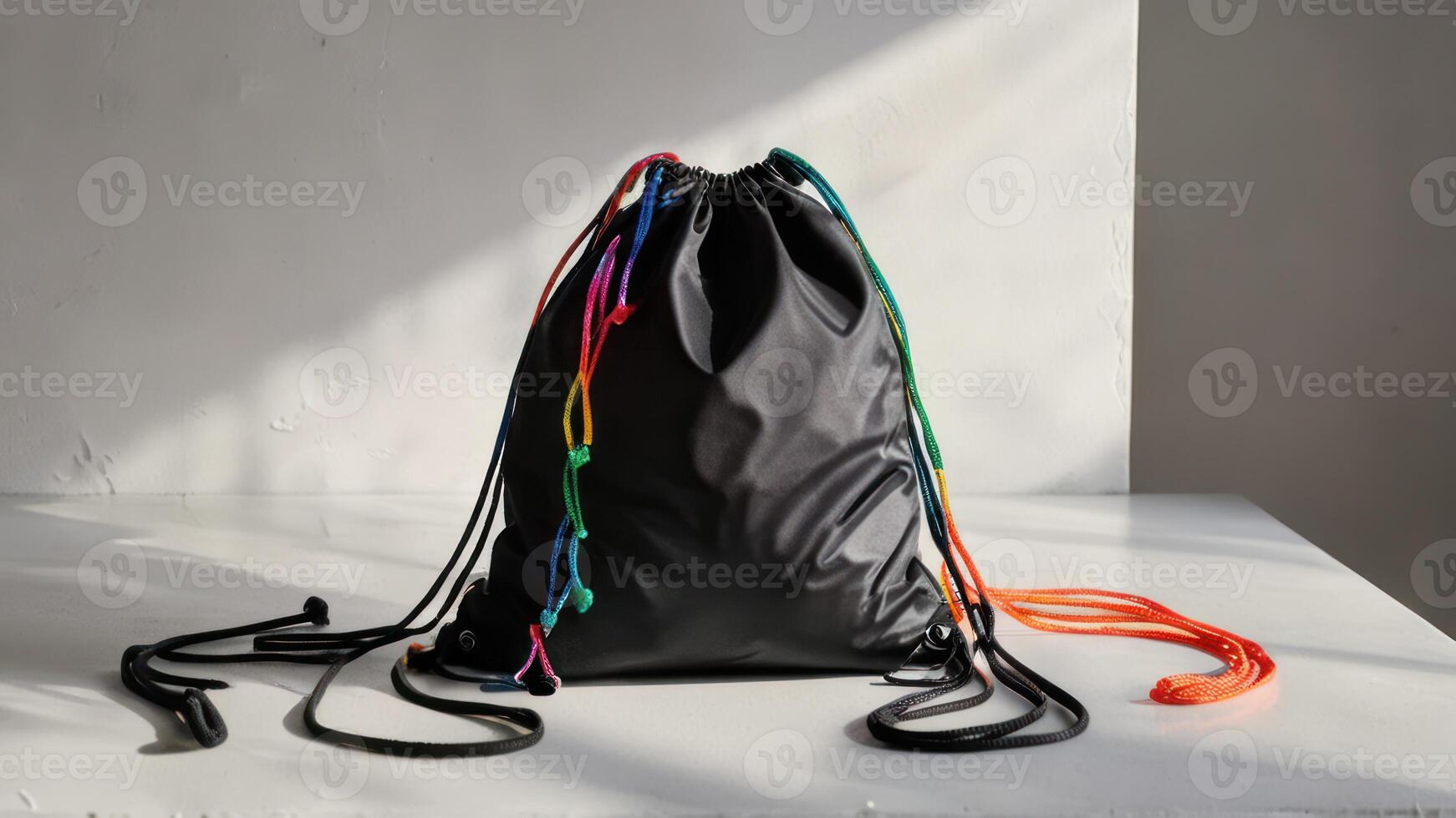 black drawstring bag with multiple different colored cords, photo