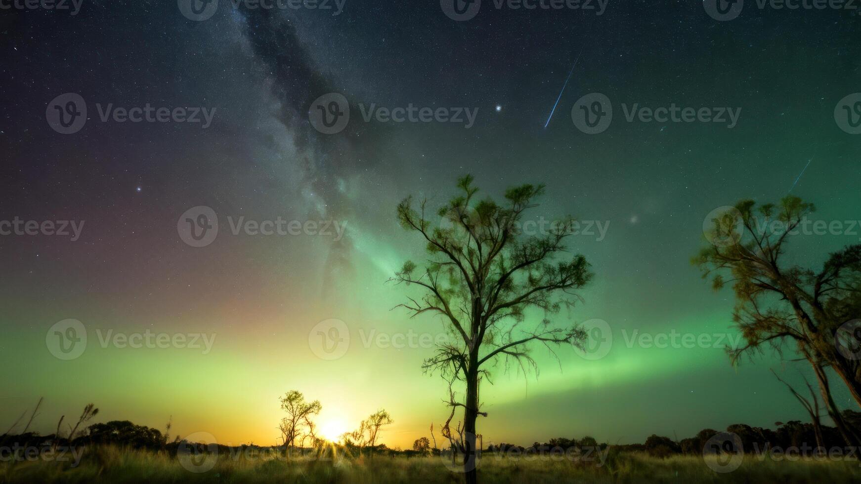 a full moon and stars above an aurora bore with green swirling, photo