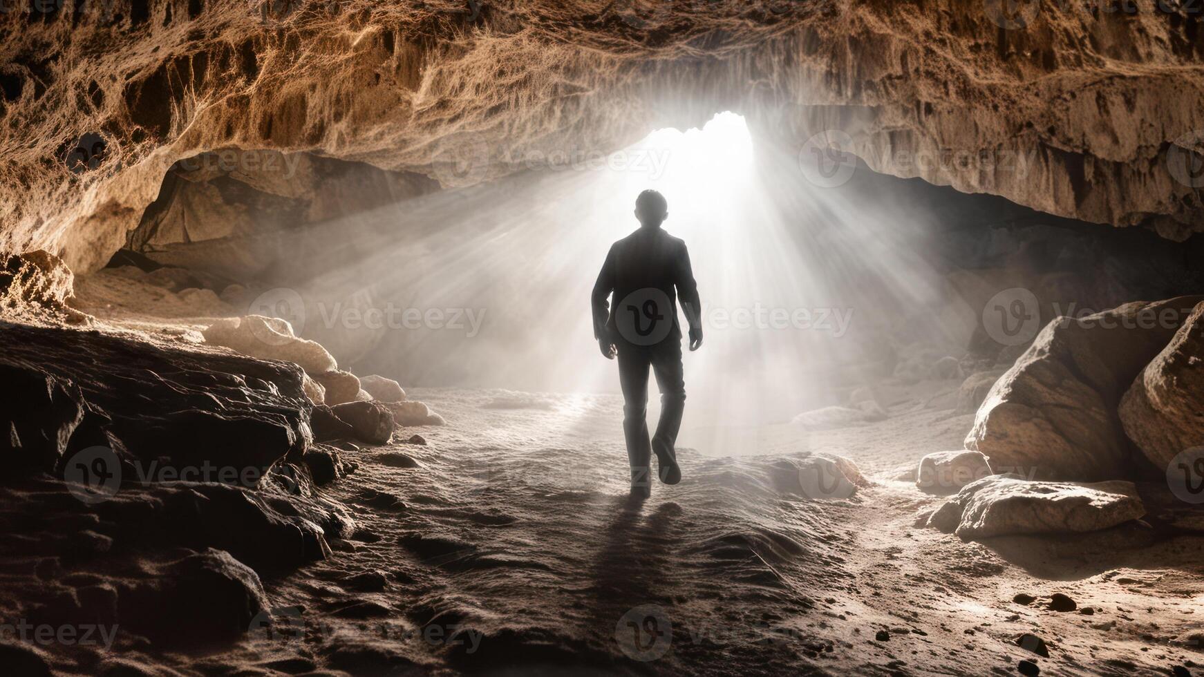man standing in the caves, toward light, between rocks, photo