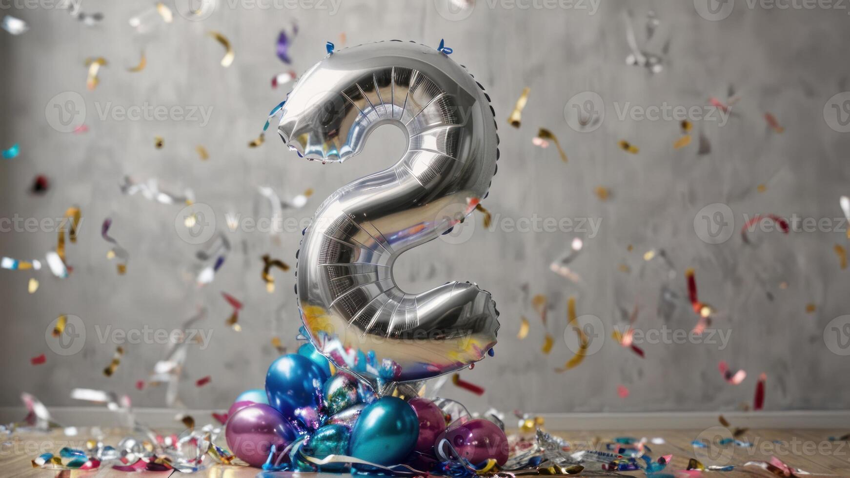 the number 2 of a balloon shaped object surrounded by colorful shiny objects, photo