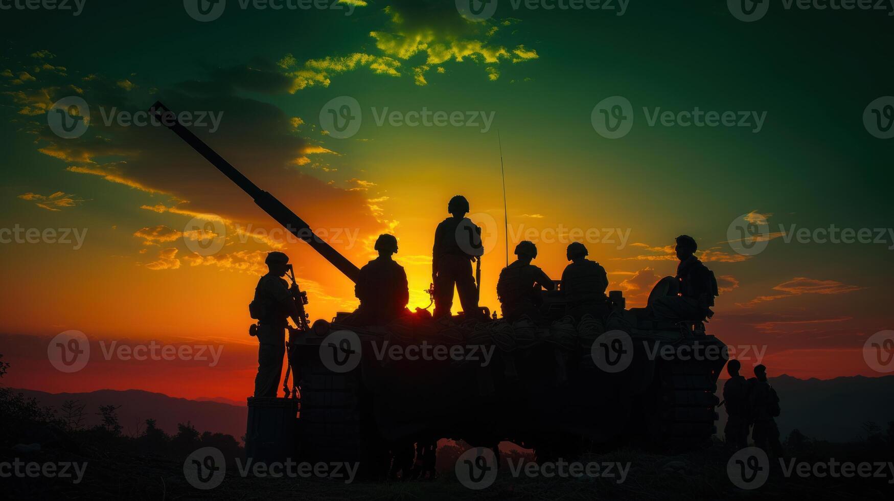 the silhouettes of men atop tanks and a truck under the setting sun, photo