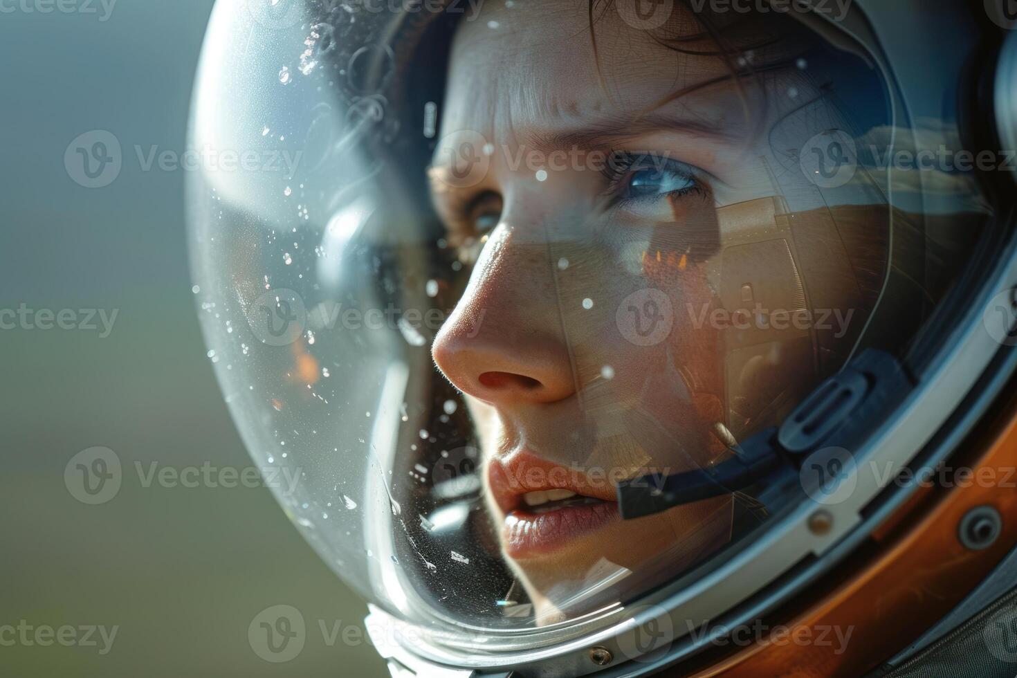 female astronaut wearing spacesmart helmet looking out window, photo