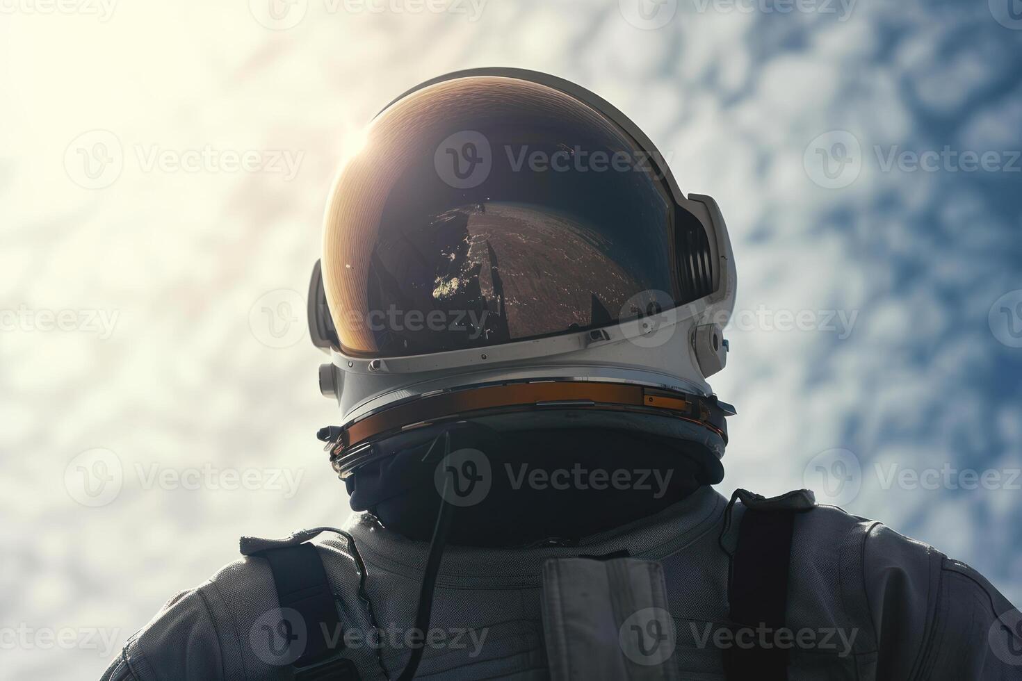 a astronauts helmet is seen from behind, in this photo, photo