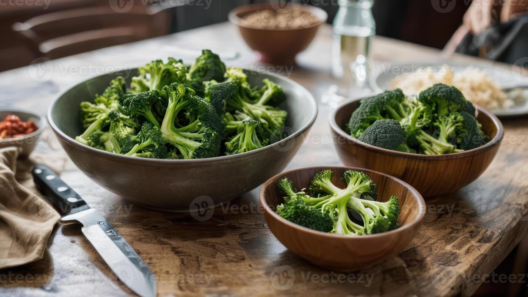 bowls with sliced vegetables on a cutting board, photo