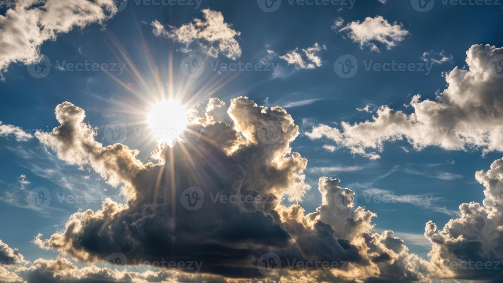 sun shining over the clouds above palm trees, photo