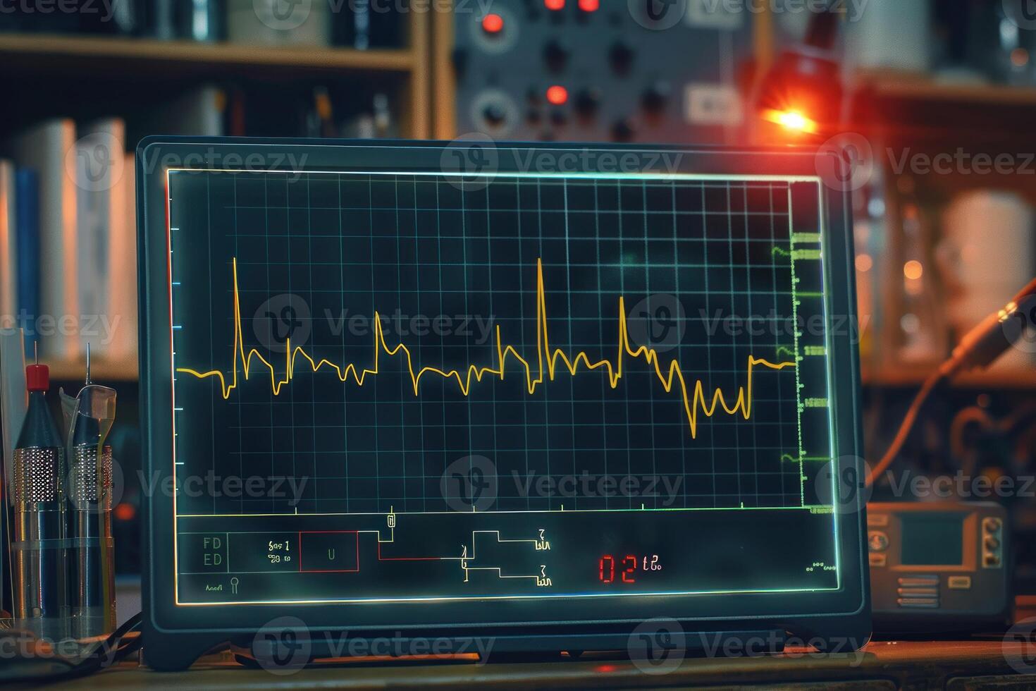 an electrocardiom displayed on the screen in a room, photo