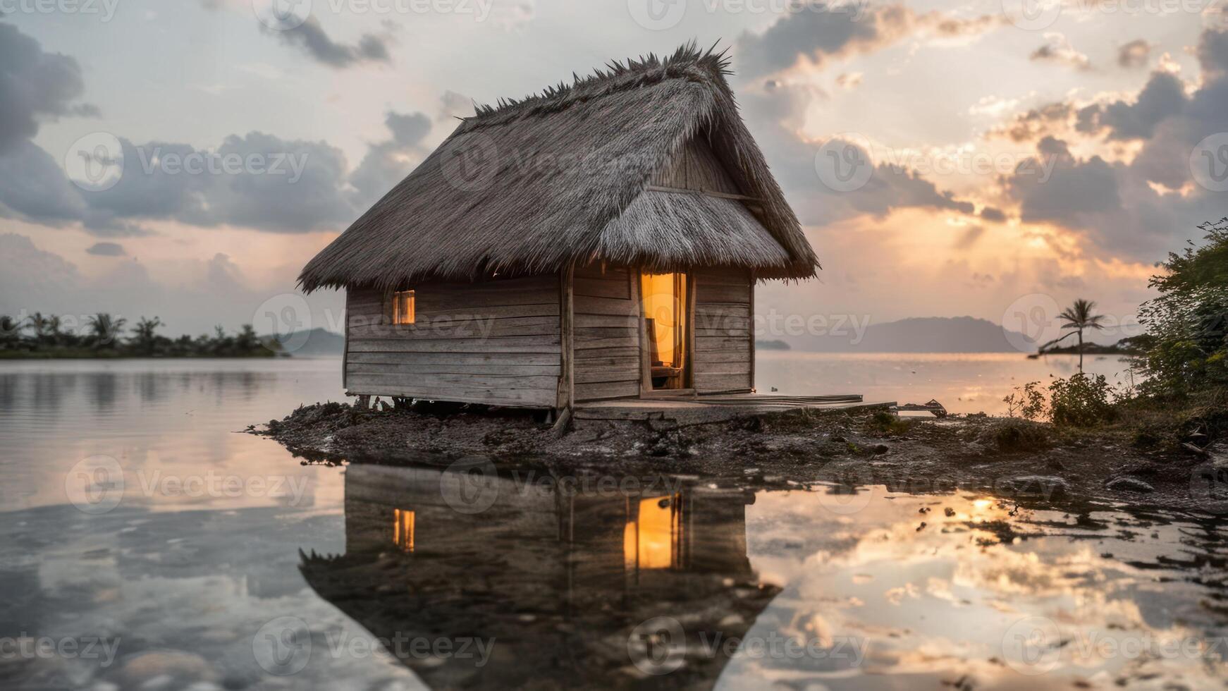 this is a small hut by the water's edge, photo
