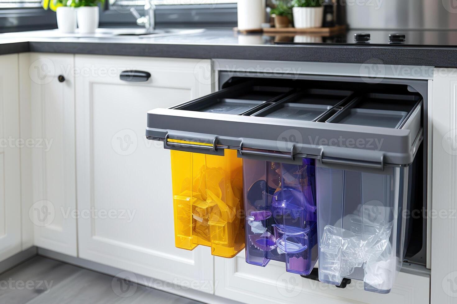 three plastic trash can with containers are displayed in the kitchen, photo