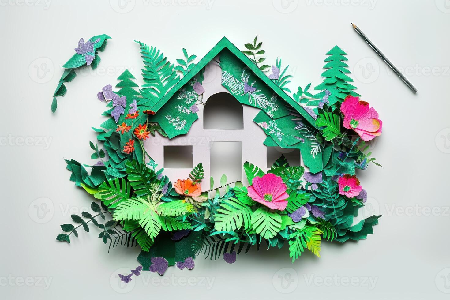 what appeared to be a paper house surrounded with green grass and pink flowers, photo