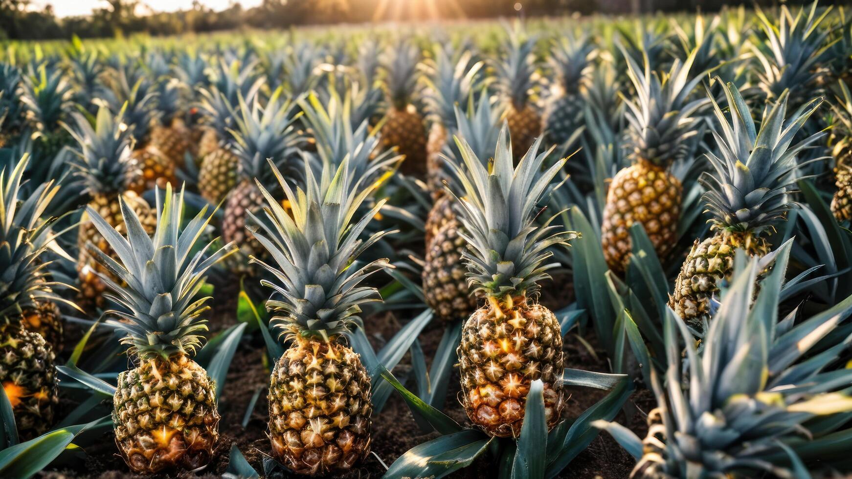 pineapples, pine nutions and palm trees that are surrounded by a bright sun, photo