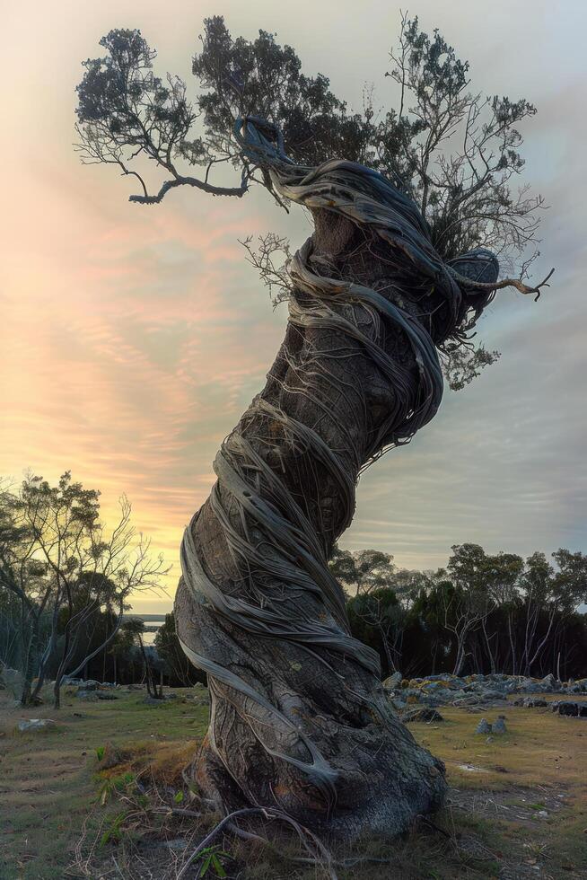twisted out tree branch over an open grassy field, photo