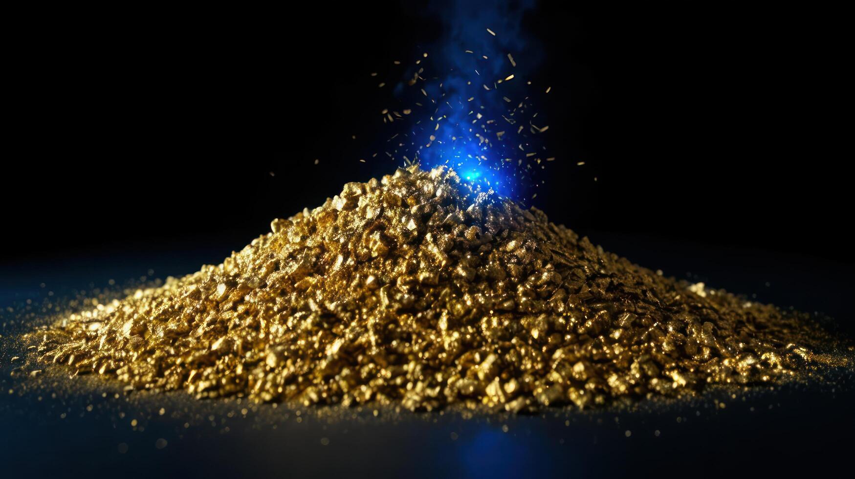 gold in sand with sparks and blue light, photo
