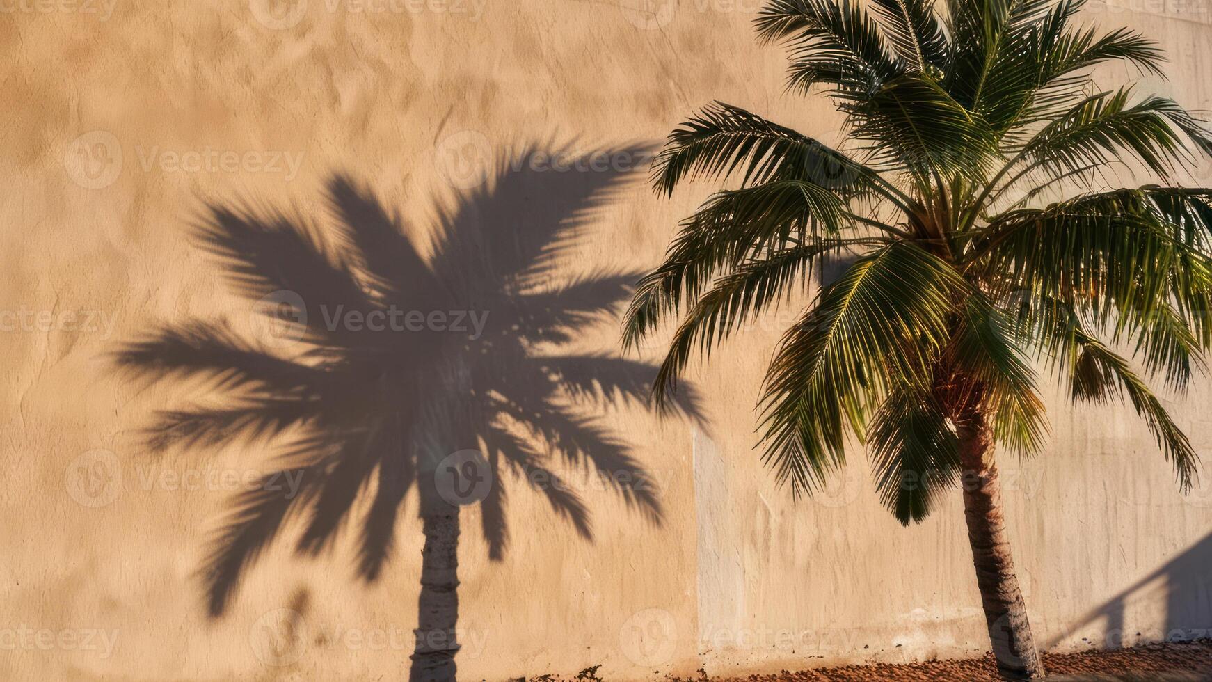 a palm tree casting shadow on the side of a building, photo