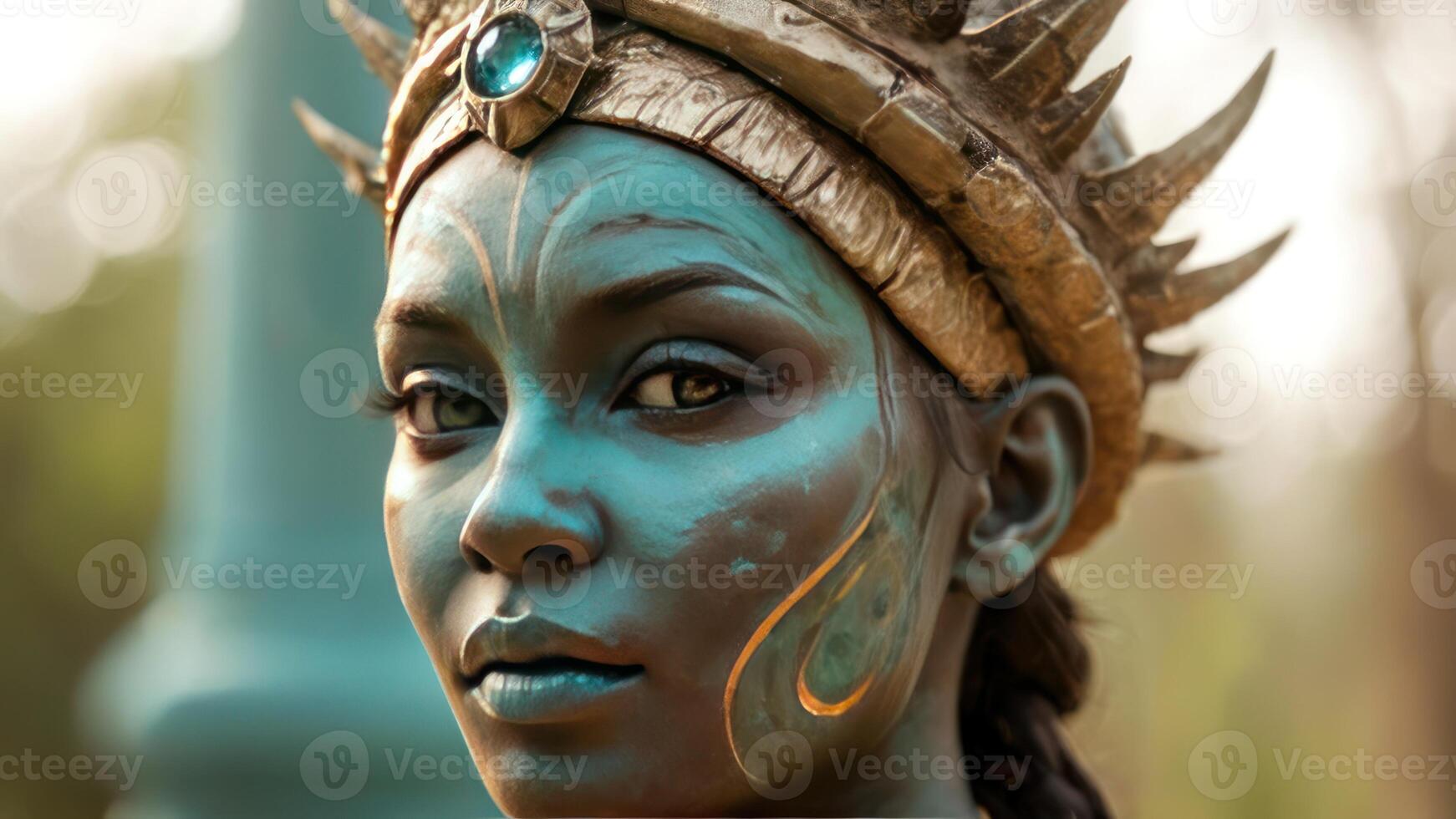 an african woman with body art painted with blue color, photo