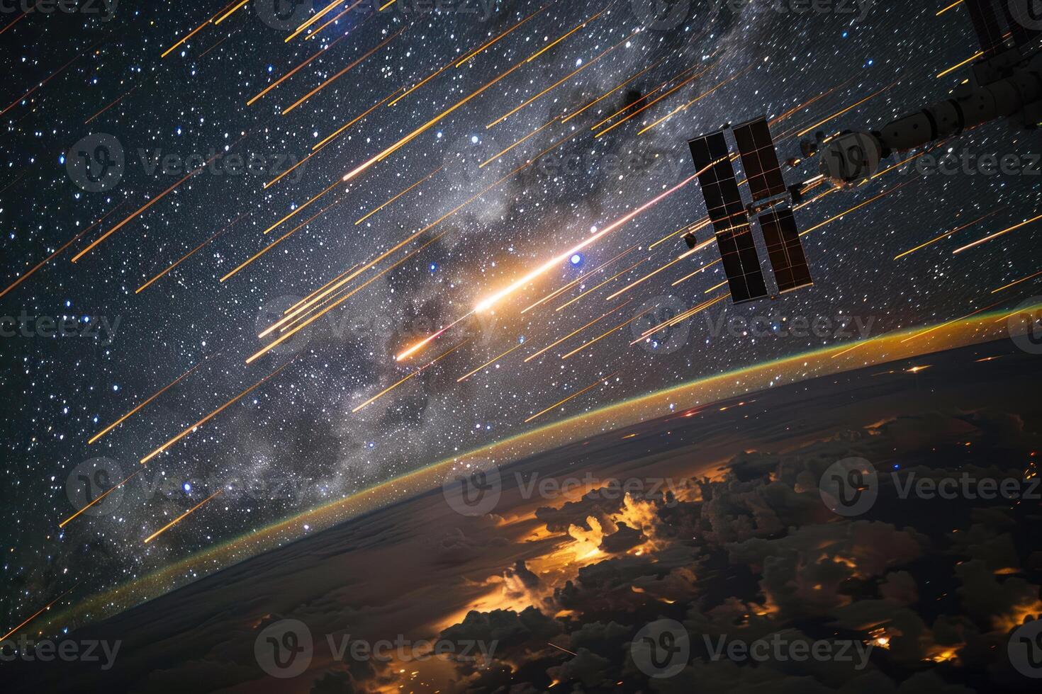 some buildings and stars on the side of a planet, photo