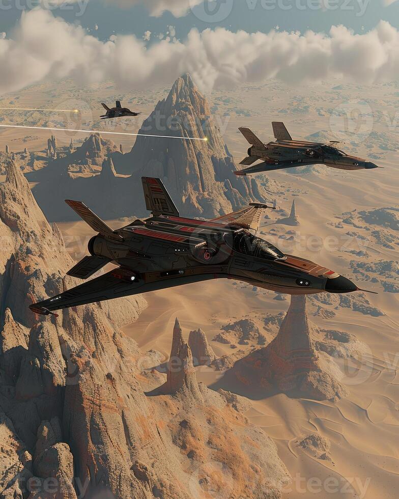 four fighter jets flying low, near mountains, photo