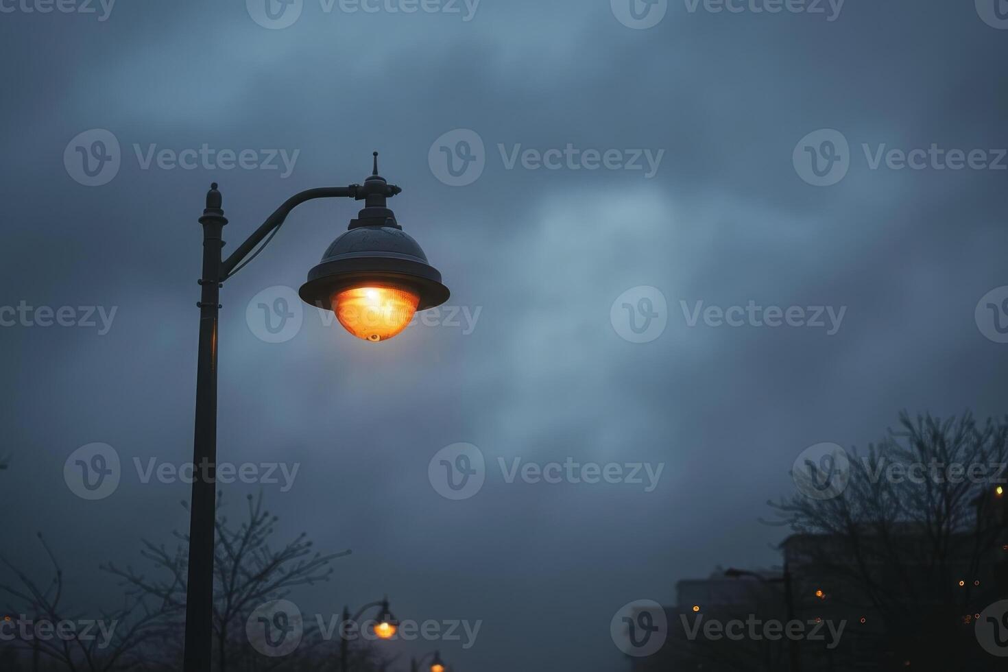 a street light with the city building in the background, photo