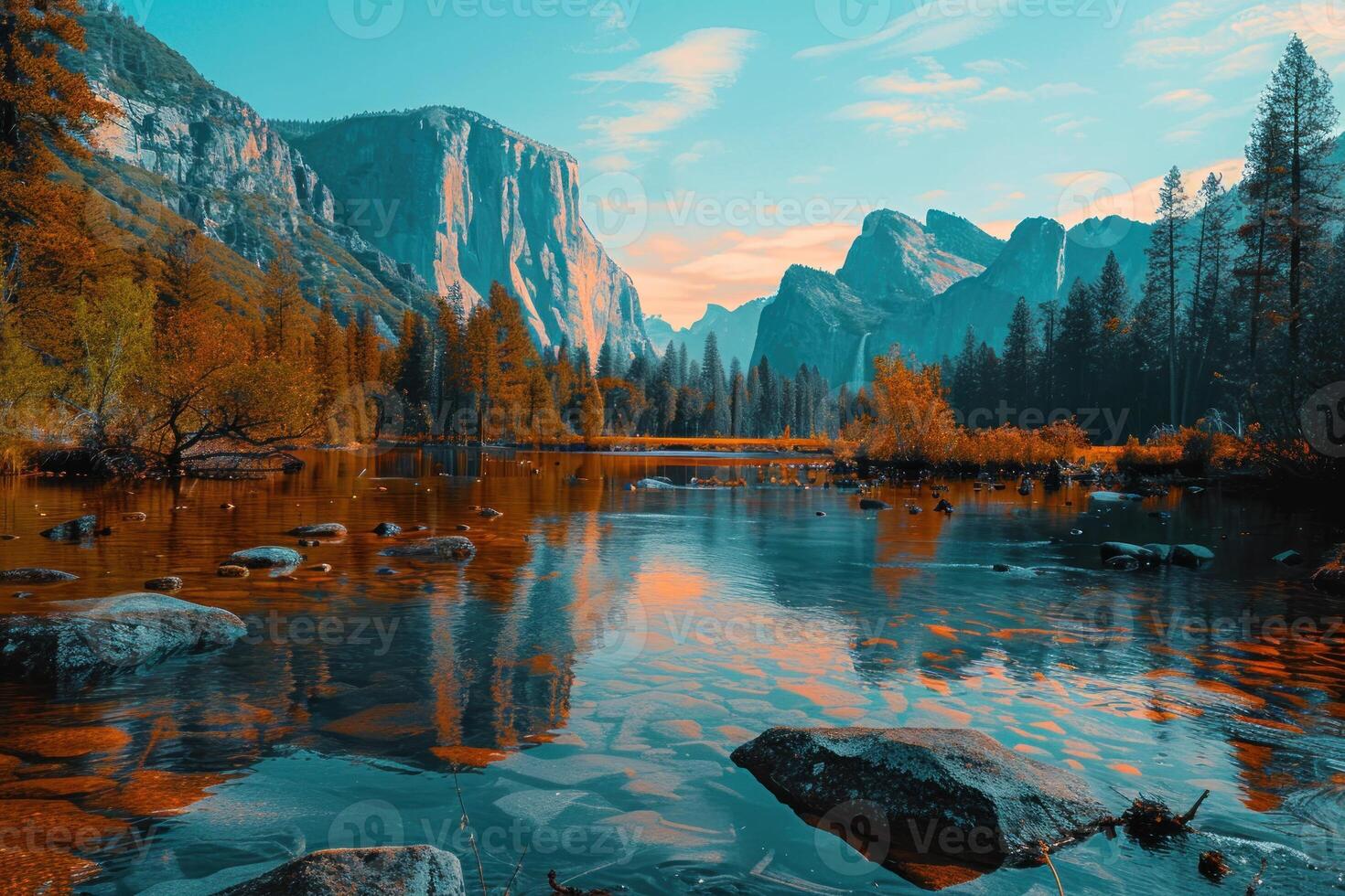 a river flowing under the trees with an autumn color theme, photo