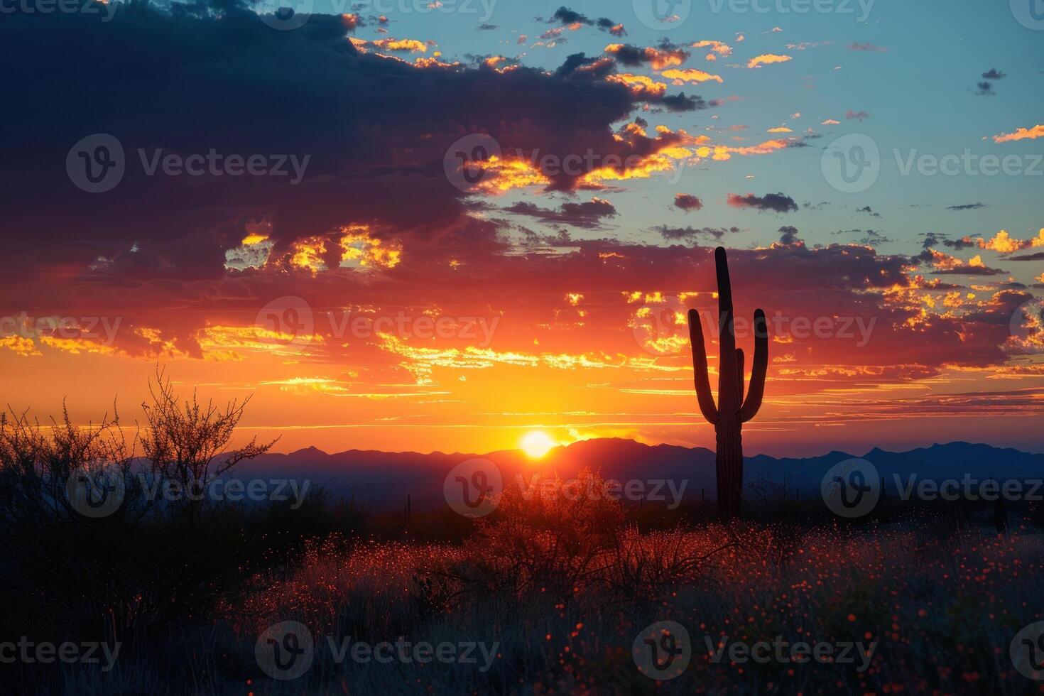 desert sunset reflecting in water with two cactus cacti, photo