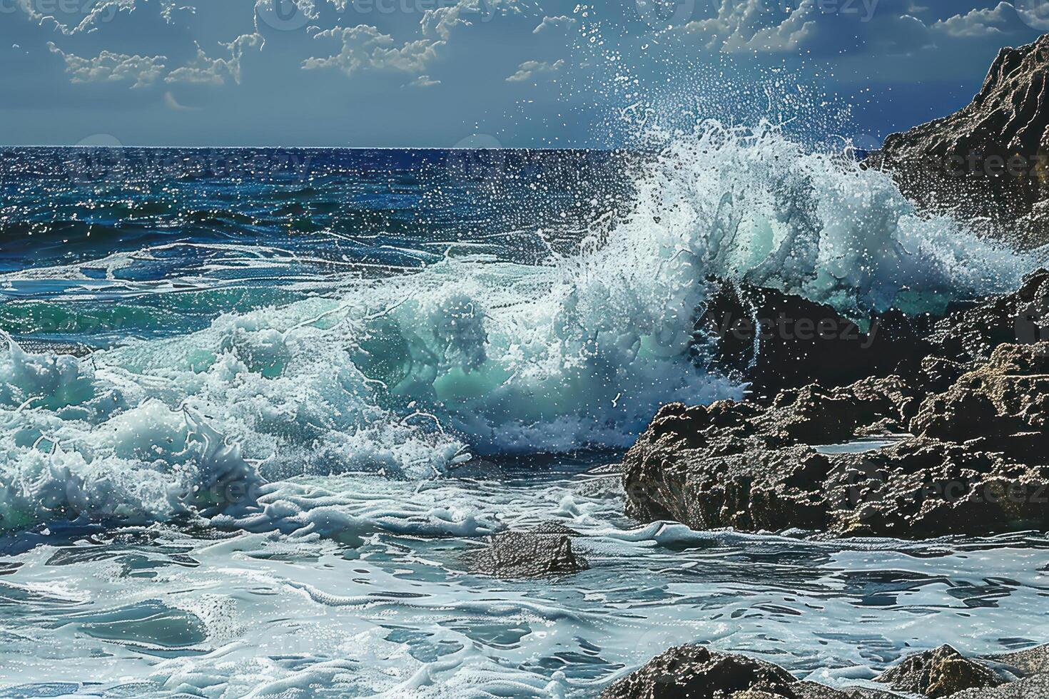 the waves crashing onto some rocks in the ocean, photo