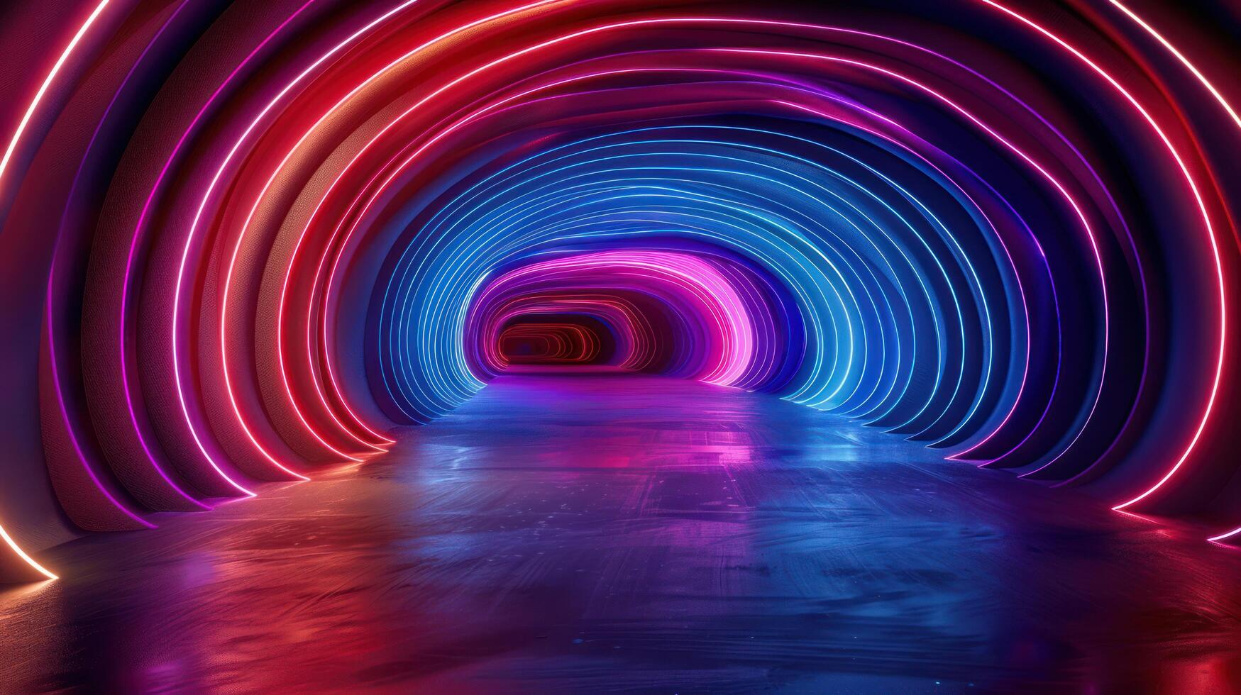 inside of a tunnel with two rows neon bright lines glow, photo