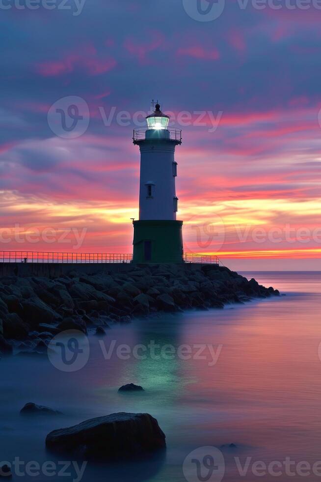 sunset scene at lighthouse with colorful sky behind, photo