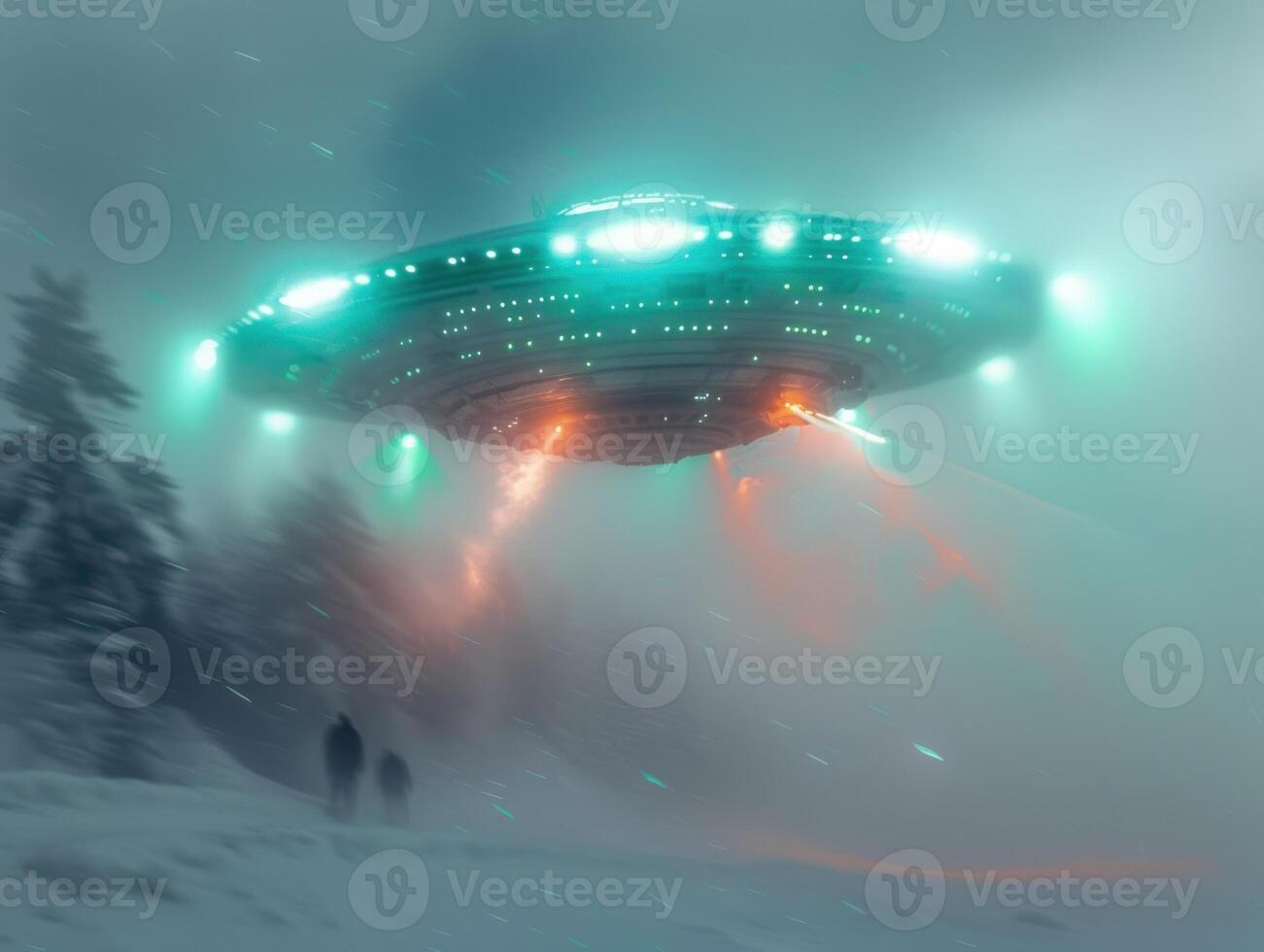 green abducted vehicle lights hovering over an area covered with snow, photo