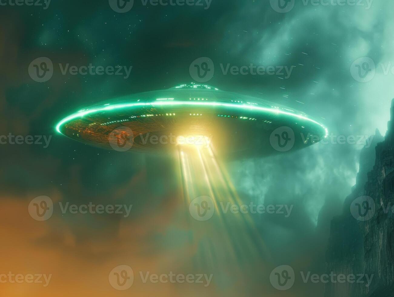 a large green alien flying sauce shaped in the clouds, photo