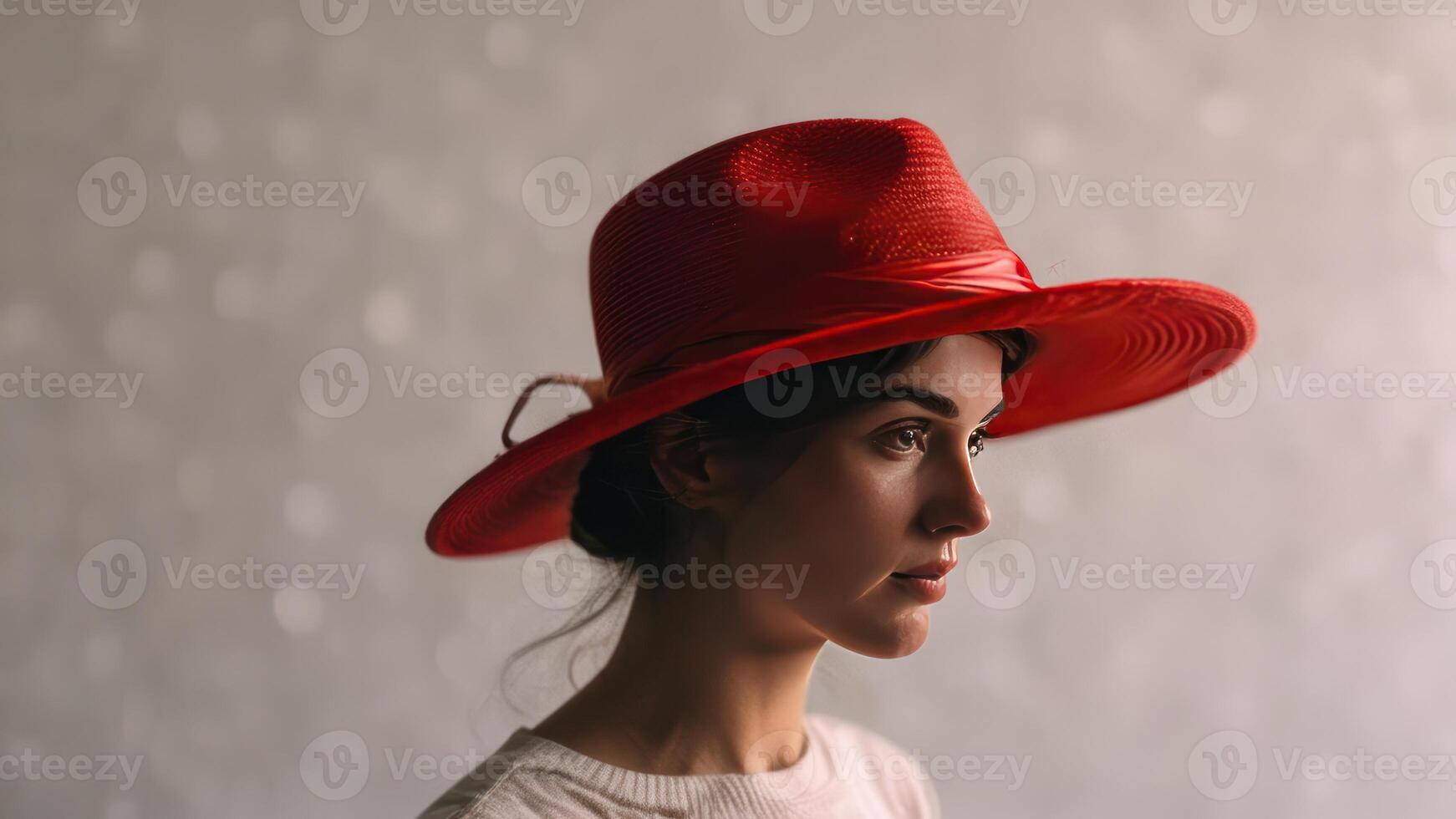 woman wearing red hat in a grey room with white background, photo