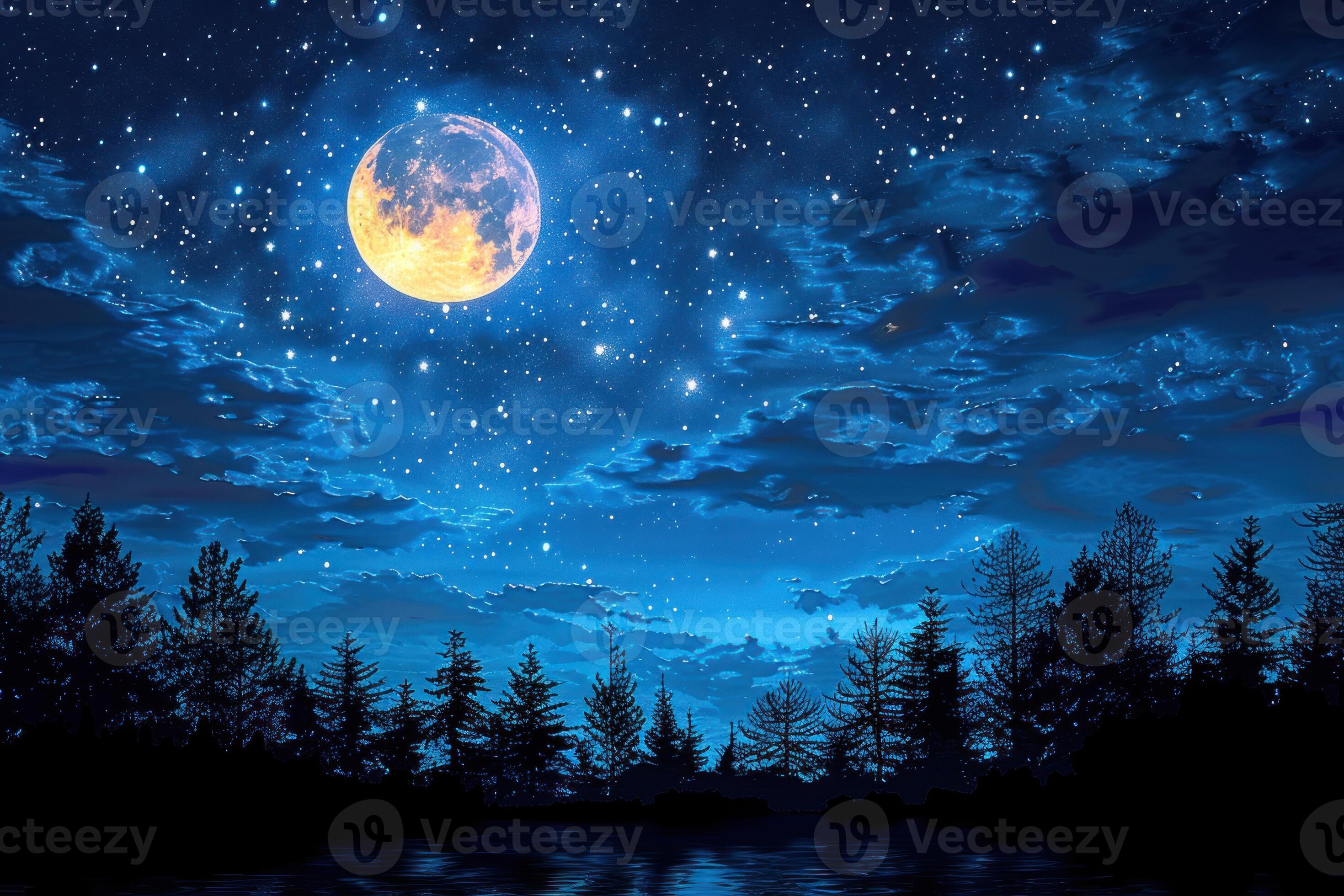 the night sky and stars shine over a forest, 48497982 Stock