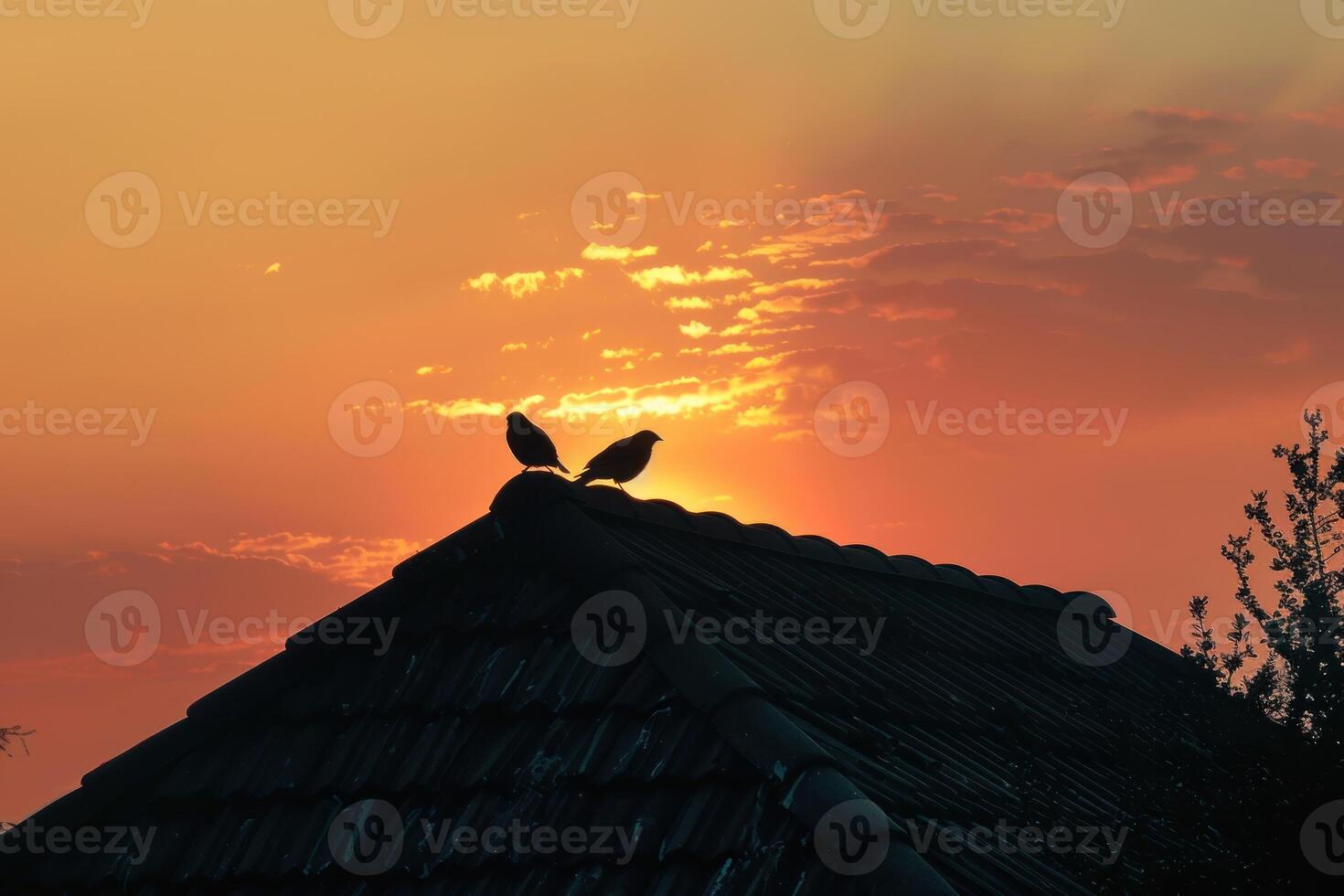 birds are standing on top of this roof at sunset, photo
