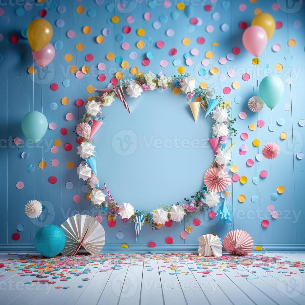 colorful balloons, streamers and paper fans around the corner, photo